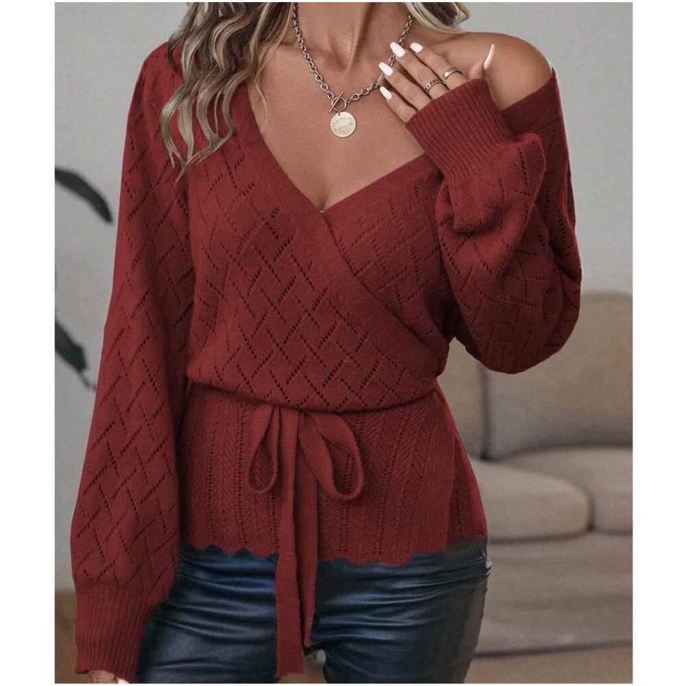 Cozy Scallop Hem Belted Sweater Top